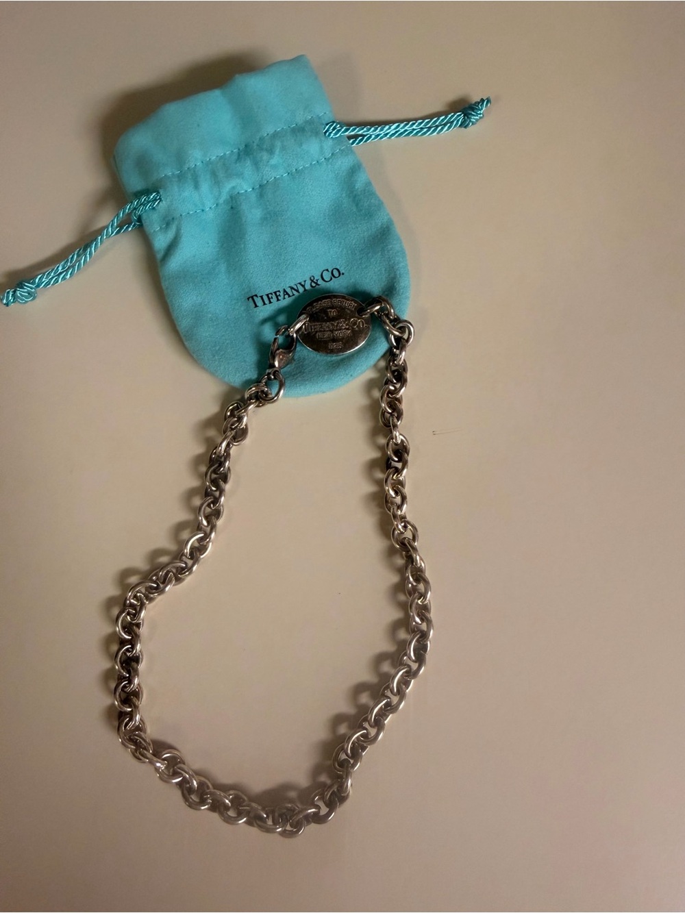 Tiffany & Co. Silver Chain Necklace with Signature Blue Pouch - Blue/Silver